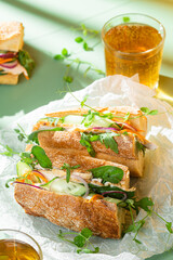 Sandwich with chicken, cucumber and arugula on a green background