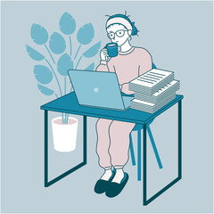 ノートパソコンで仕事をする疲れた女性のイラスト
