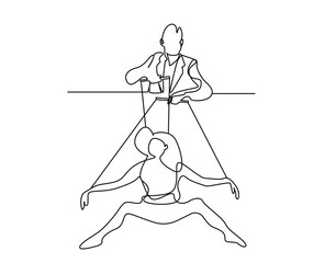 a male boss manages a female employee with puppet instruments