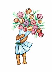 Bear girl holding huge bouquet of flowers watercolor illustration 