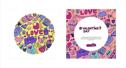 Doodle banners for Valentine s day. Vector colorful illustration for the holiday on February 14. Hand draw set for romance, wedding, date, invitation, greeting card, love. Icons for banners, sales