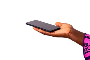 close-up of a woman's hand showing a mobile phone.