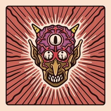 vintage style illustration of three eyed monster with horns