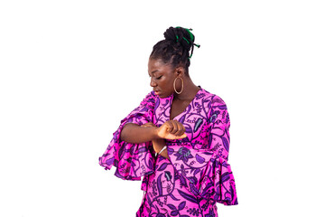 beautiful young woman scratching her arm.