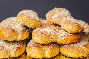 Romanian traditional food named martyrs (macinici, mucenici) with walnuts, sugar, honey and cinnamon made at home.