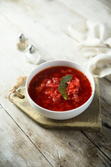 Traditional homemade beetroot soup with bay leaf