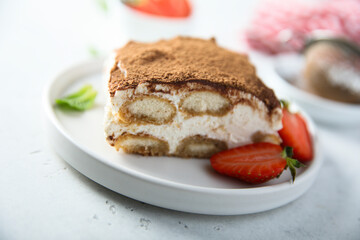 Traditional homemade tiramisu on a plate