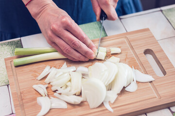 Person slicing a onion on a cutting board