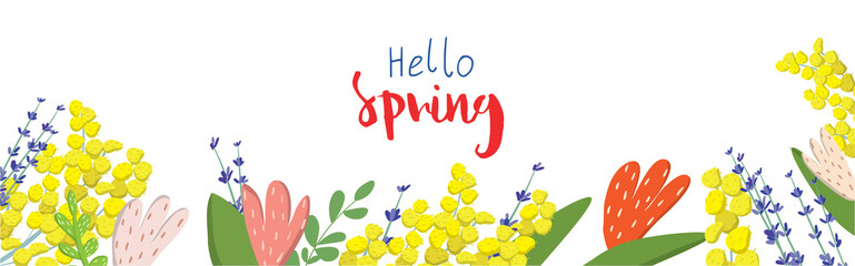 Banner with flowers and botanical leaves on a white background. Vector illustration. Banner for promotions, magazines, advertising, web sites.