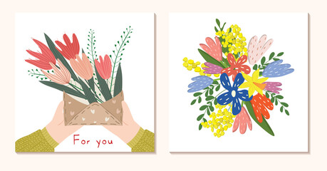 Spring vector postcard. Bouquet of flowers.Drawings for a postcard, poster, banner or social media post. Square postcards