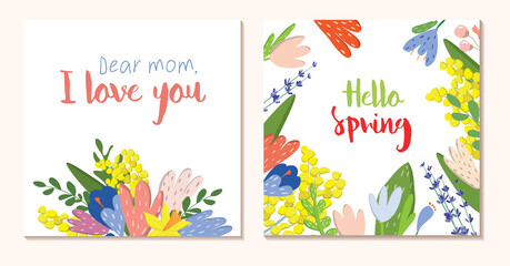 Spring vector postcard. Bouquet of flowers.Drawings for a postcard, poster, banner or social media post. Square postcards. Mothers Day. I love you. Hello Spring