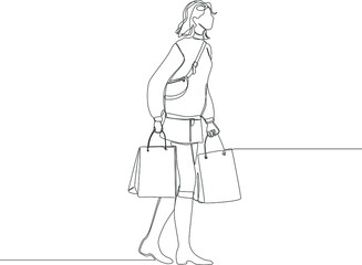 Pict of female back home after shopping at market place, set of black silhouette of celebrating on white background. Vector illustration