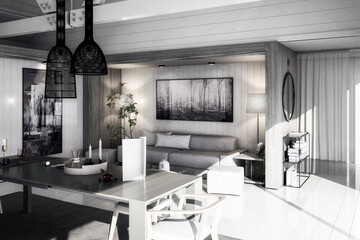 Attic Designed in White Wood with Furnitures - black and white 3D Visualization