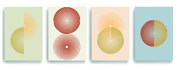 Modern poster with minimalist design elements . Grunge textured circles in Boho art style  . Wall art , home deco . Vector abstract shape.