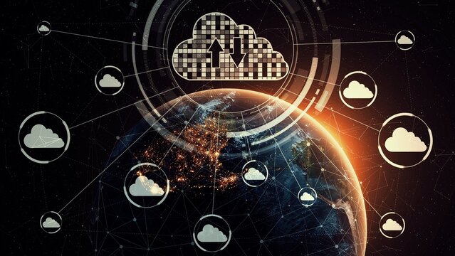 Cloud computing technology and online data storage for shrewd business network concept . Computer connects to internet server service for cloud data transfer presented in 3D futuristic graphic .