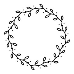 Fototapeta na wymiar Vector hand drawn spring wreath isolated on white background. Outline circle of leaves. Doodle style. Floral frame.