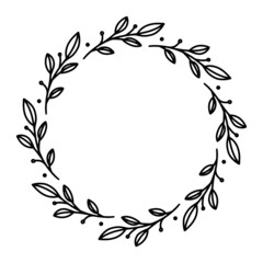 Vector hand drawn spring wreath isolated on white background. Outline circle of leaves. Doodle style. Floral frame.