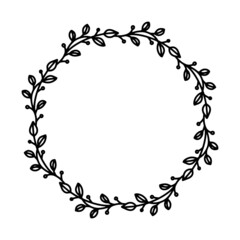 Vector hand drawn spring wreath isolated on white background. Outline circle of leaves. Doodle style. Floral frame.