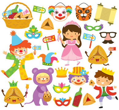 Purim clipart set with kids, costumes, cartoon hamantaschen, noise makers, masks, and other holiday symbols.