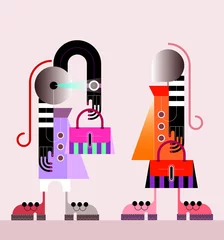 Gordijnen Modieus paar Twee abstracte ontwerpen van stijlvolle vrouwen met handtassen en modieuze accessoires geïsoleerd op een lichte achtergrond, grafische afbeelding. ©  danjazzia