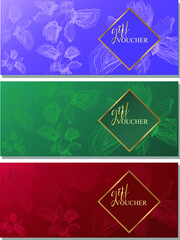 Gift voucher template set with iris flowers. Line art design. Vector Abstract background with golden frame. Outline drawing background. Card for shop, beauty salon, fashion, wedding.