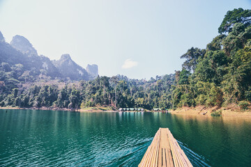 Beautiful  landscape with lake, mountains and natural attractions in Ratchaprapha Dam at Khao Sok National Park, Surat Thani Province, Thailand.