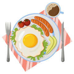 Traditional breakfast. Top view. Scrambled eggs, sausages, tomatoes and chopped avocado. Coffee. Picnic. Vector