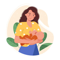 Breastfeeding illustration. Mother breastfeeds her newborn baby with nature and leaves. Breastfeeding, motherhood, childhood concept. Mother loves, hugs her child vector illustration in cartoon style.