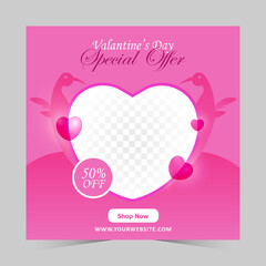 Happy Valentine's Day Offer, Social Media Poster Design, Vector Illustration, 2022, Pink Color