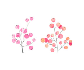Watercolor set of orange, pink berry branches on a white background