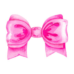 Watercolor bright pink bow on white background
