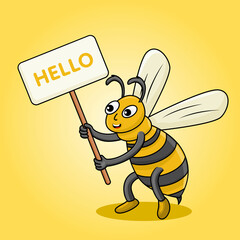 Yellow cute bee carrying text hello vector illustration