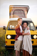Happy cheerful young people couple enjoy the travel and active lifestyle, caucasian man and woman...