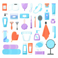 Beauty care, spa and hygiene products set isolated on white background.Cartoon Vector Illustration.