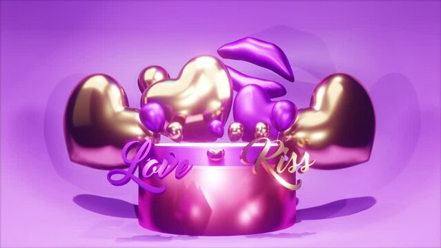 Love Kiss Purple Gold| Golden Metallic 3d Background, 4k. Apple ProRes. Loop, hearts for Valentine's day, Valentines day.