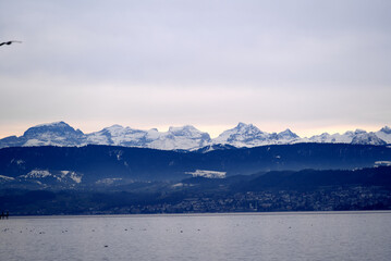 Fototapeta na wymiar Beautiful scenic landscape with Lake Zurich in the foreground and Swiss Alps in the background on a cloudy winter afternoon. Photo taken February 3rd, 2022, Zurich, Switzerland.