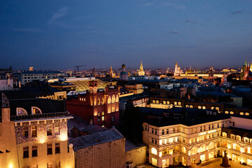 Night city view. Lights and roofs of Moscow. Russia.