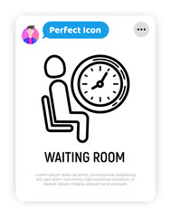 Waiting room thin line icon: human sits near the clock. Modern vector illustration of lounge, seat area.