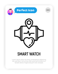 Smart watch with heartbeat on screen. Fitness gadget. Thin line icon. Modern vector illustration.