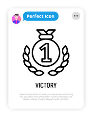 Medal for winner thin line icon. Symbol of victory, success. Sport prize. Modern vector illustraton.