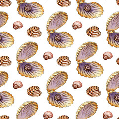 Watercolor illustration of a pattern of seamless seashells with a pearl in beige tones. Endlessly repeating marine background. Scallops, clams and spirals. Isolated on white background. Drawn by hand.