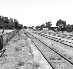 Black and white image of old and abandoned railway tracks in outback Australia