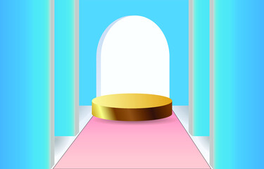 Obraz premium gold cylindrical plinth Abstract pastel blue minimalist wall scene and pink corridors. Vector renders 3D geometric shapes for product presentations.