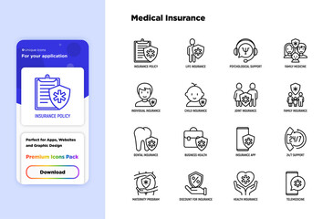 Medical insurance thin line icons set: policy, life insurance, psychological support, maternity program, 24/7 support, mobile app, telemedicine. Modern vector illustration.