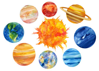Solar system, watercolor planets, isolated white background, hand drawing space illustration © Hanna