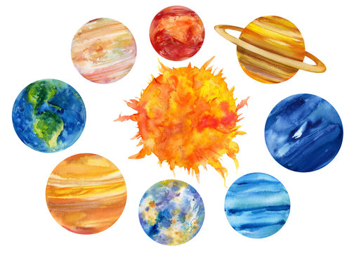 Set Watercolor Colorful Planets Isolated White Background Watercolour Hand  Drawn Stock Vector by ©OlgaZe 197964408