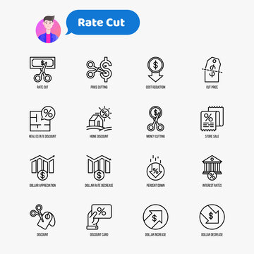 Rate cut thin line icon set: cutting price, cost reduction, sale, discount, receipt, loyalty card, interest. Modern vector illustration.