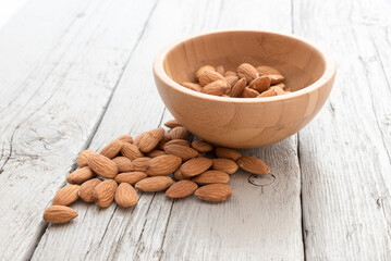 Almonds on the wooden table