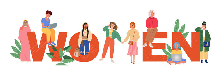International Women's Day banner template. Diverse women together. Trendy tiny ladies of different nationalities, ages with women word. Sisterhood, friend support, feminism. Vector flat illustration.