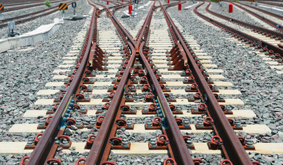 Fototapeta premium Railway turnout and crossing panel area. 